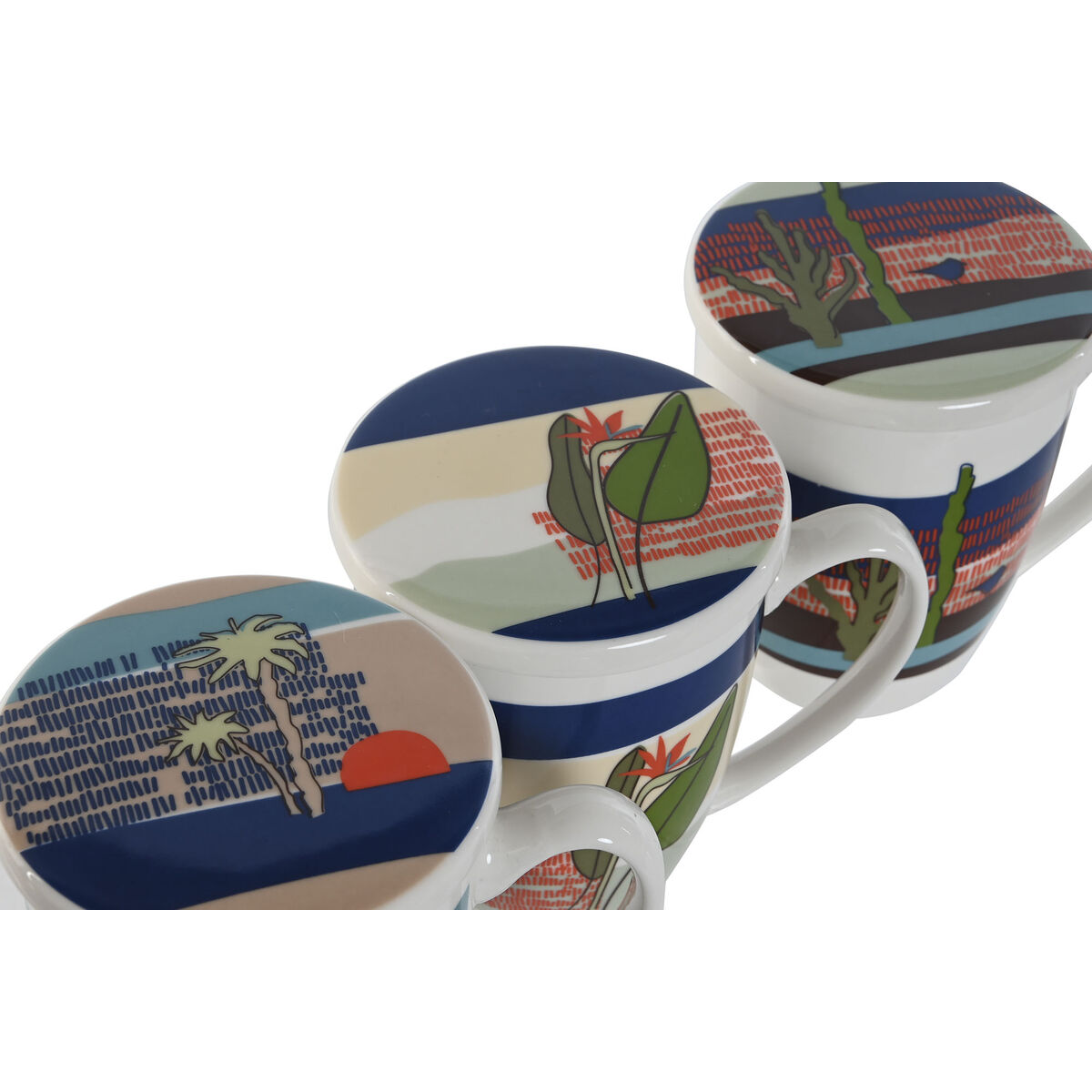 Taza con Filtro para Infusiones Home ESPRIT Azul Verde Acero Inoxidable Porcelana Tropical 380 ml (3 Unidades) - 2