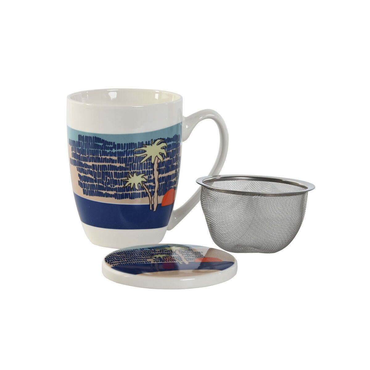 Taza con Filtro para Infusiones Home ESPRIT Azul Verde Acero Inoxidable Porcelana Tropical 380 ml (3 Unidades) - 3