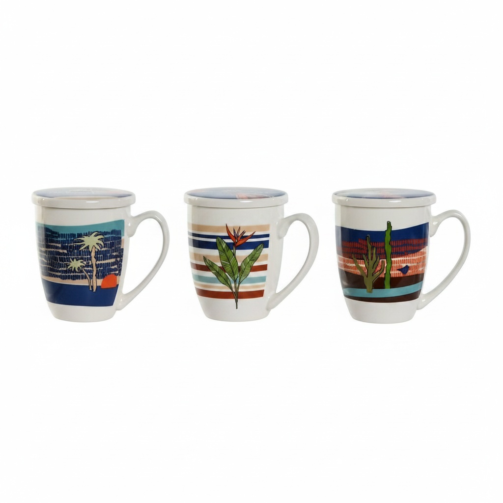 Taza con Filtro para Infusiones Home ESPRIT Azul Verde Acero Inoxidable Porcelana Tropical 380 ml (3 Unidades) - 5